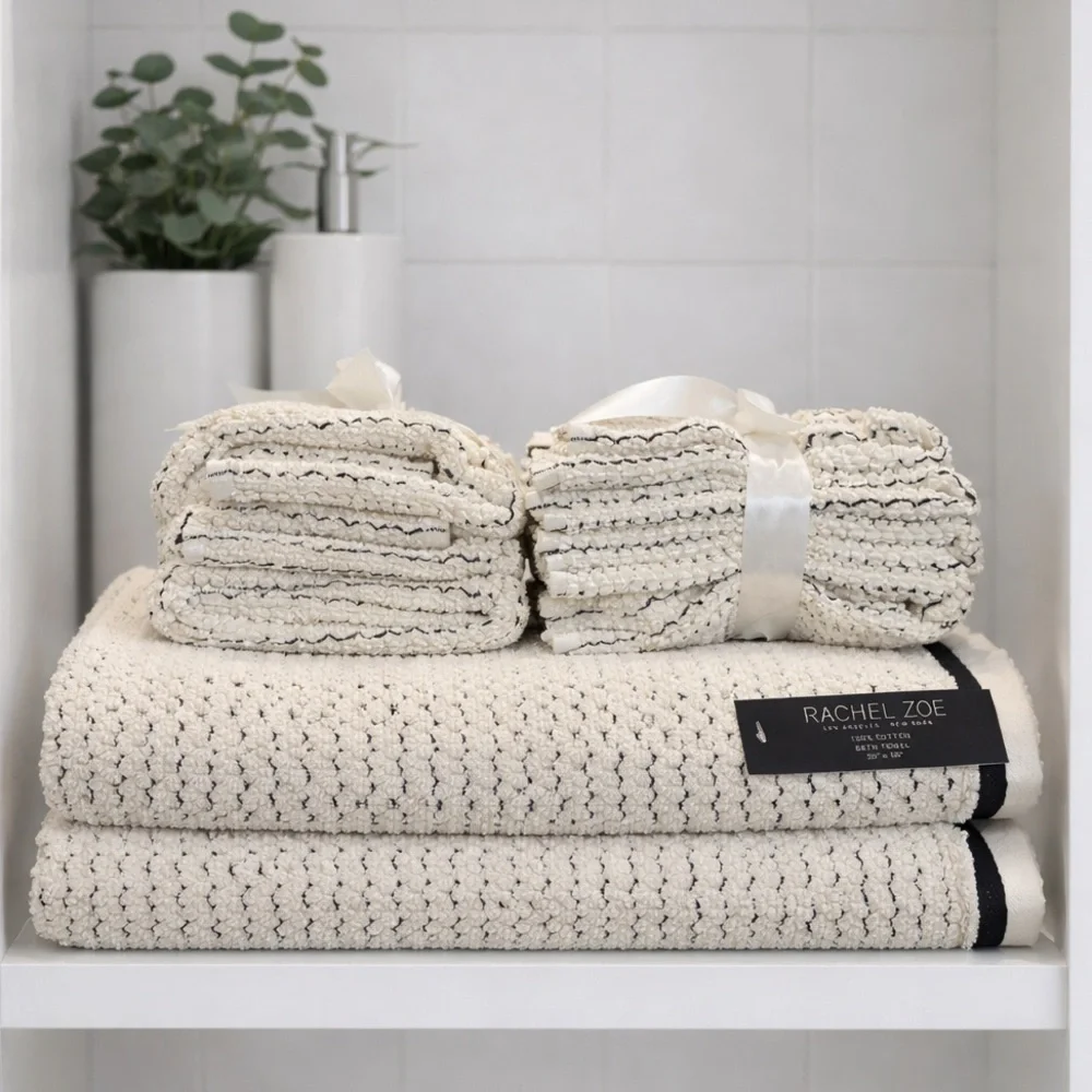 NWT Rachel Zoe Black & Ivory Textured Stripe 8-Piece Towel Set 100% Cotton